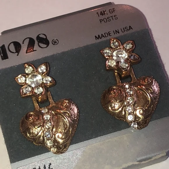 1928 Brand Vintage Gold Tone Rhinestone Heart Earrings - Picture 3 of 5